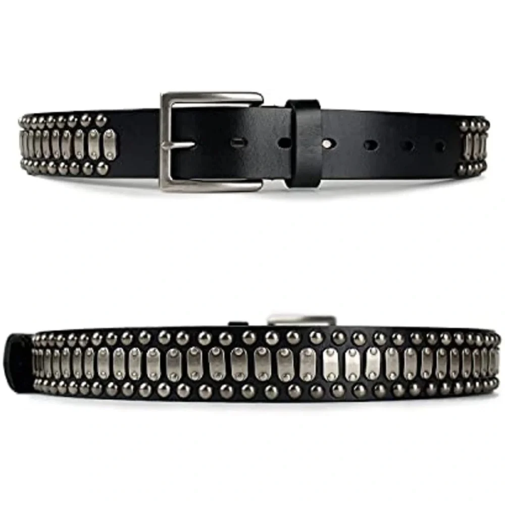 Studded Casual Italian Cowhide Leather Belts for Jeans Punk Rock River-34-36”